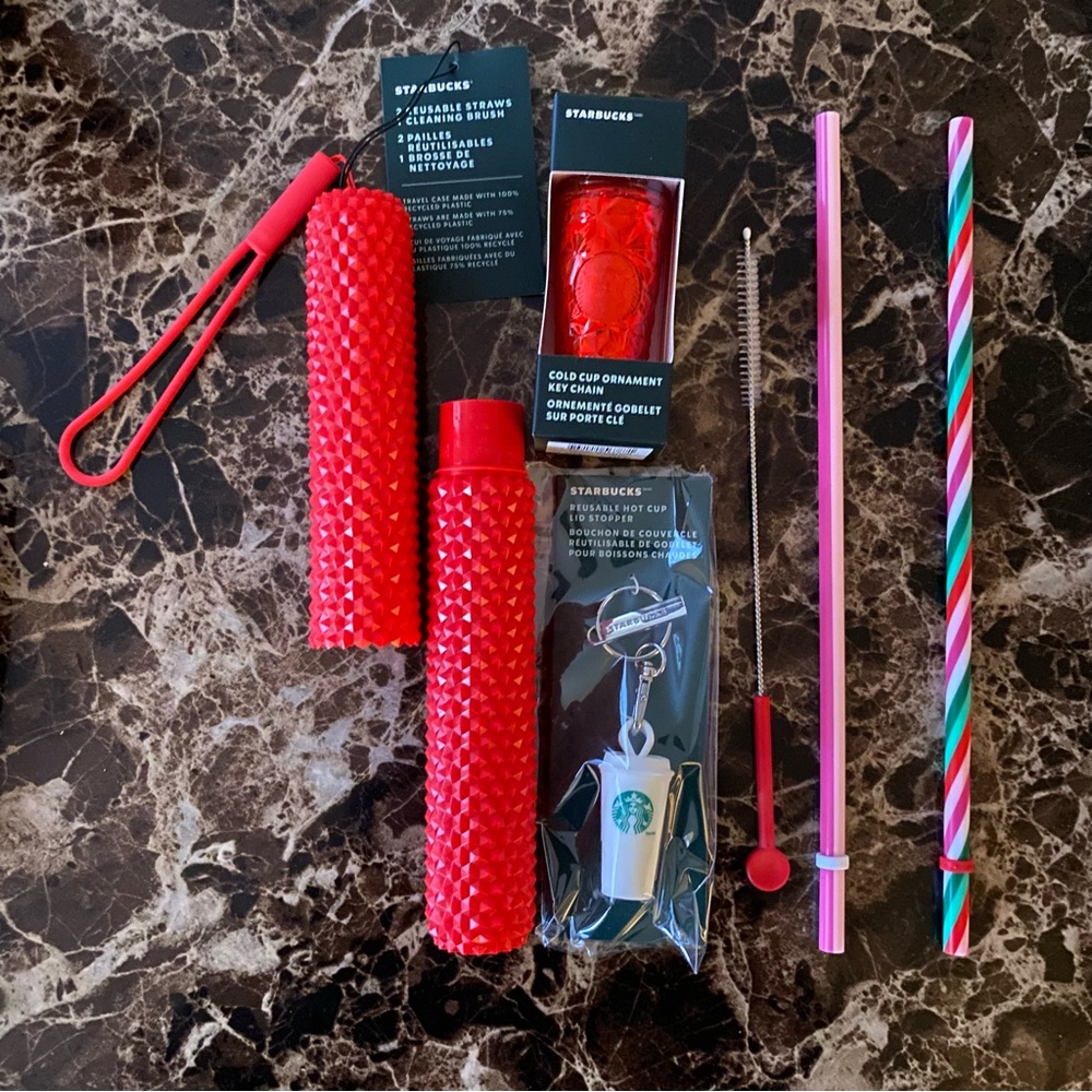 Starbucks keychain,lid stopper,2 reusable straws,1 cleaning brush & red case